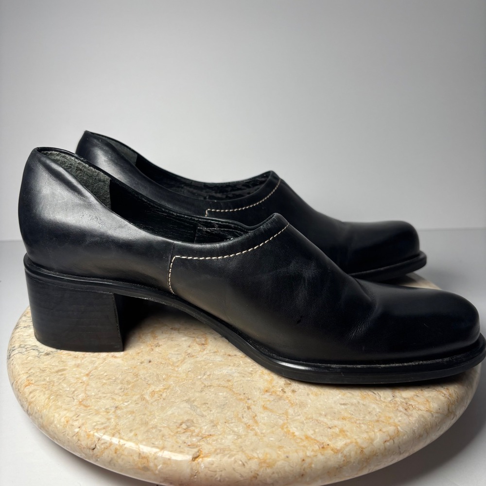 Franco Sarto Womens Black Leather Chunky Block Heel Loafer‎ Pumps 8M READ - Picture 9 of 10